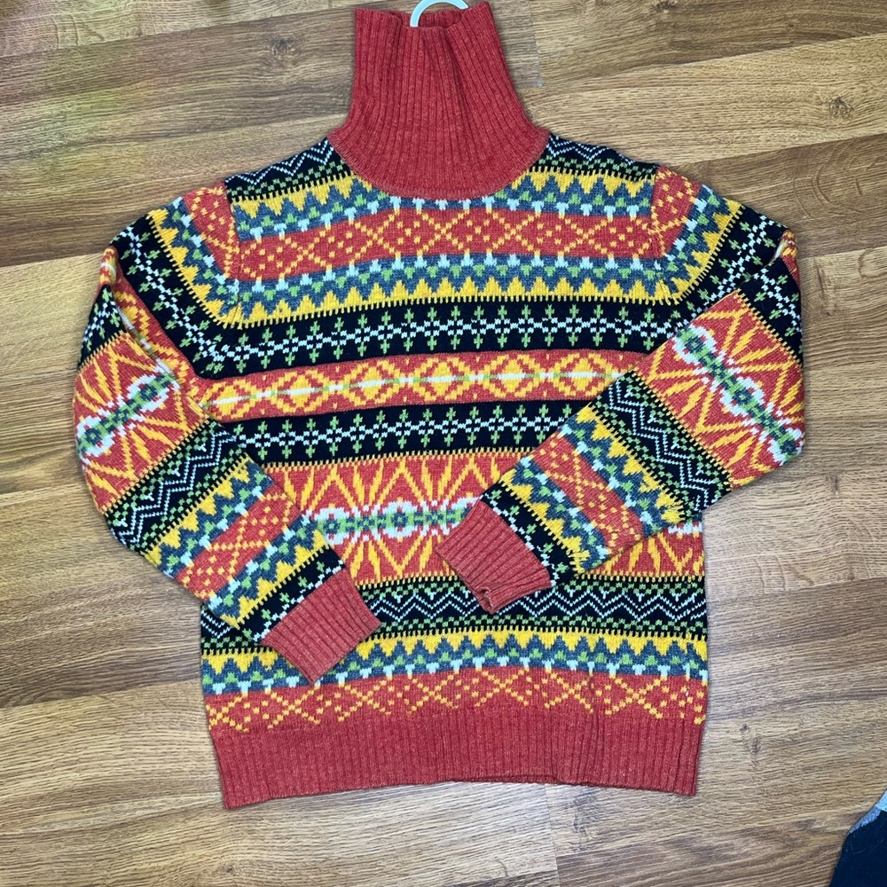 Y2K Vintg  Chunky Turtleneck Sweater Holiday Multicolor Rainbow Stripe Geometric